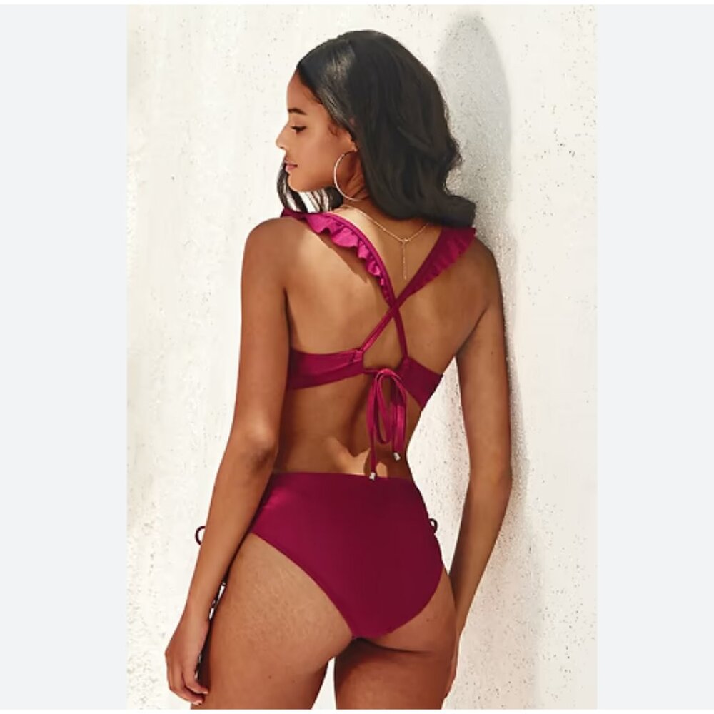 Savannah Burgundy Ruffle Crisscross Drawstring Bikini - Picture 3 of 4